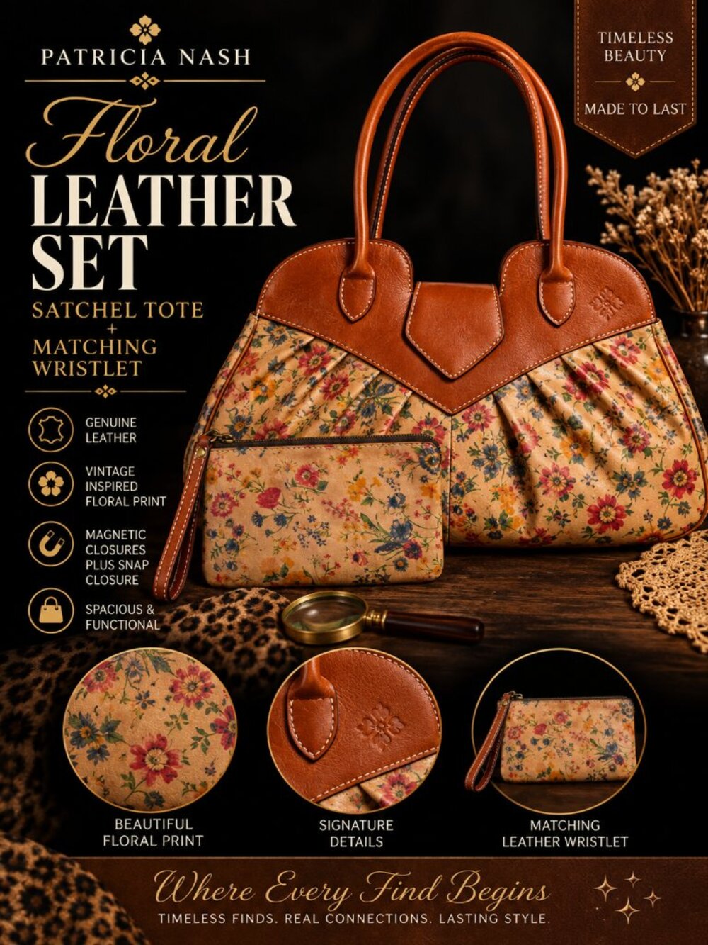 Patricia Nash Floral Leather Satchel Tote + Matching Wristlet Set